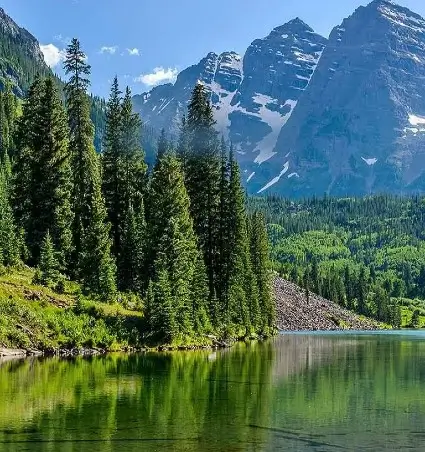 a lake surrounded by trees and mountains